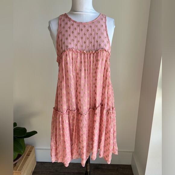 FREE PEOPLE SOPHIA TIERED SLIP DRESS OPEN BACK PINK GOLD POLKA DOTS XS - Picture 2 of 7